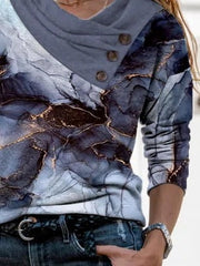 Marbling Print Buttons Cowl Neck Long Sleeves Sweatshirt