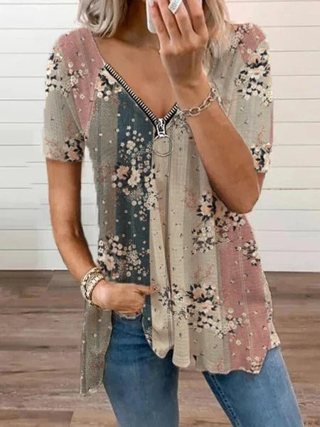 Floral Print Zipper V-neck Short Sleeves Blouse
