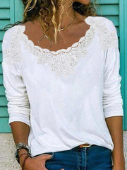 Solid Color Lace Round Neck Long Sleeves Sweatshirt