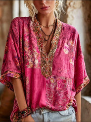 Women's Boho Floral Art Print Cotton V-Neck Blouse