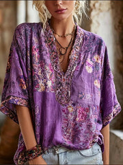 Women's Boho Floral Art Print Cotton V-Neck Blouse