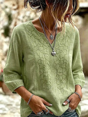 Women's Retro Flowers Embroidered V-neck Cotton Blouse