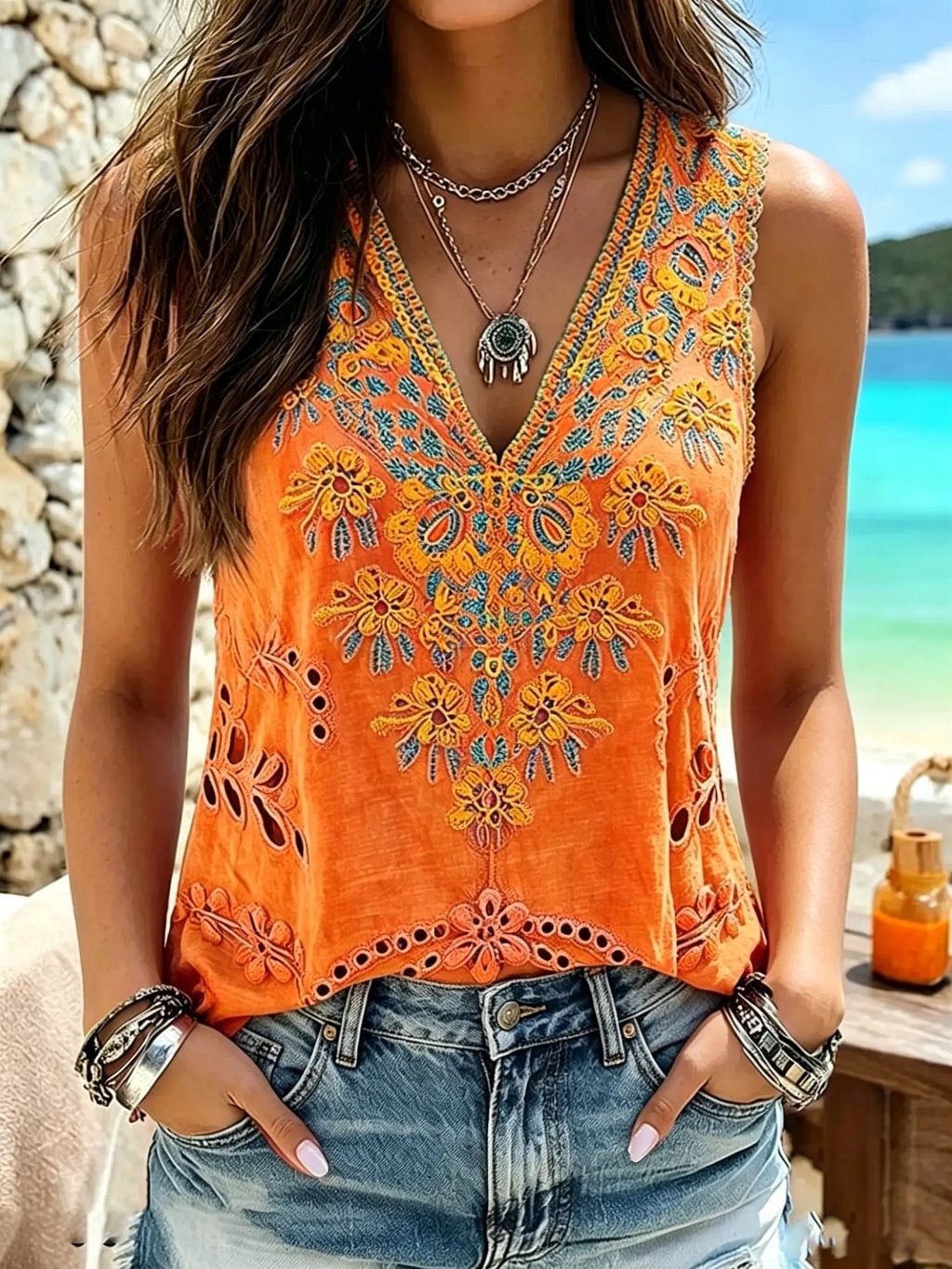 Women's Boho Floral Print Cotton Tank Top