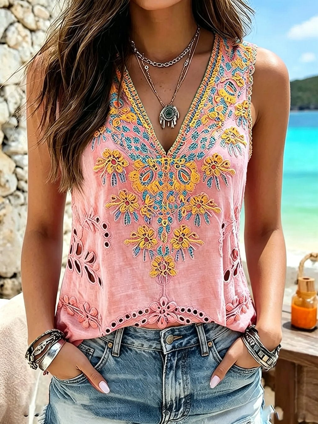 Women's Boho Floral Print Cotton Tank Top