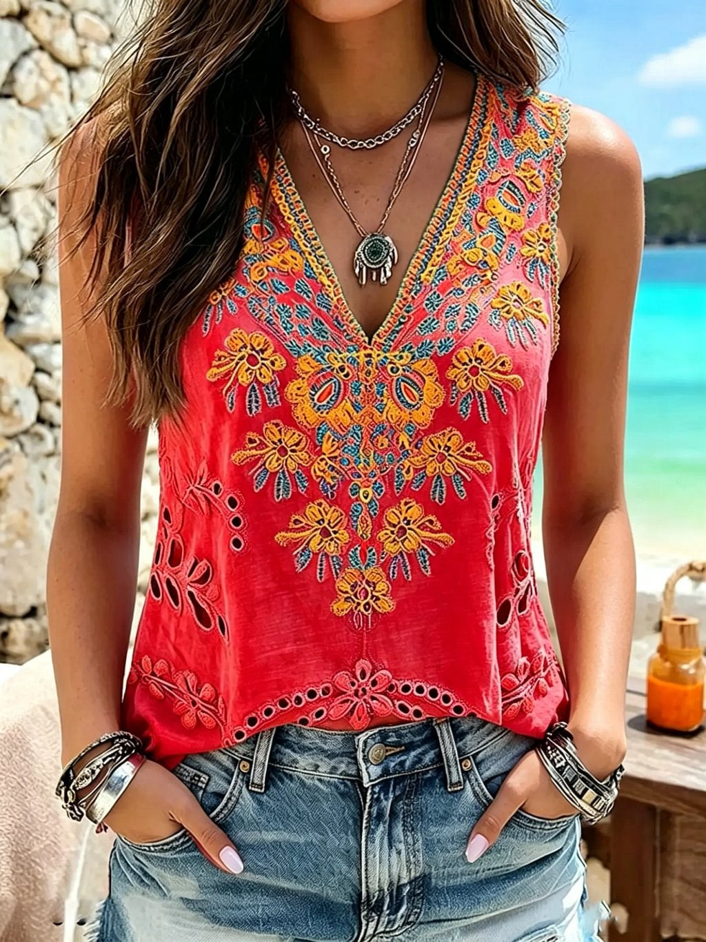 Women's Boho Floral Print Cotton Tank Top
