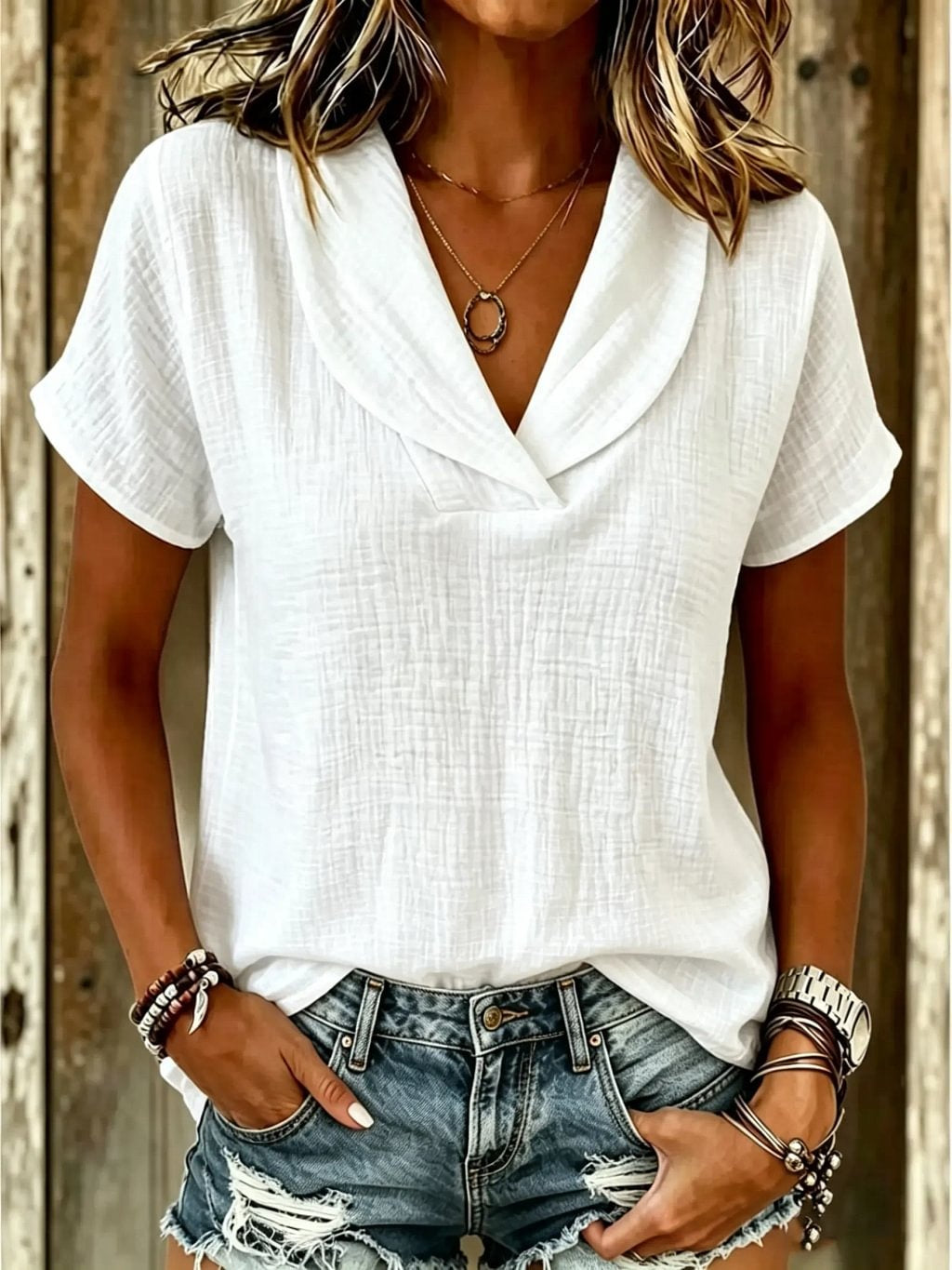 Women's Solid Plain Cotton Lapel Short Sleeve Blouse