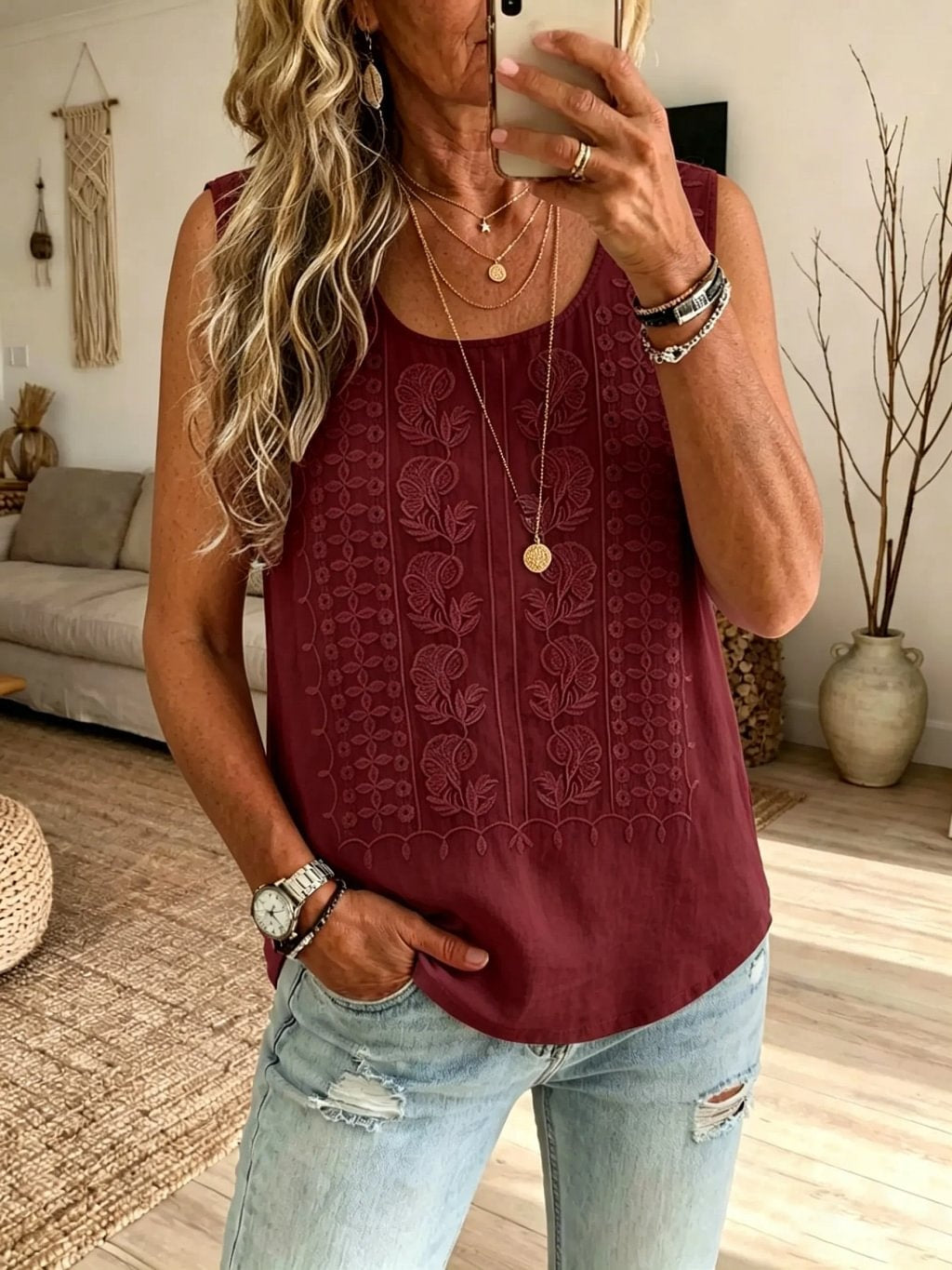 Women's Vintage Floral Textured Sleeveless Vest