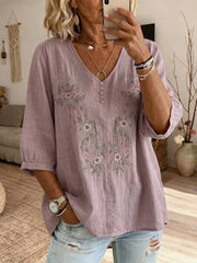 Women's Retro Flowers Embroidered V-neck Button Cotton Shirt