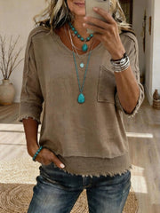 Women's Retro-casual V-neck Top With Pockets