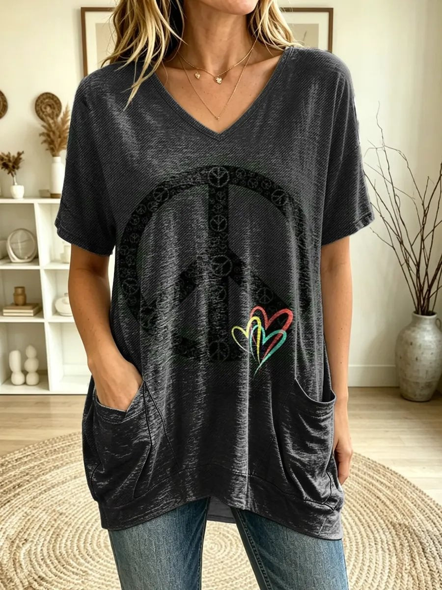 Women's Peace Sign & Rainbow Hearts Print V-Neck Short Sleeve Tunic Top With Pockets