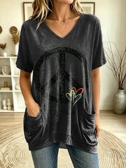 Women's Peace Sign & Rainbow Hearts Print V-Neck Short Sleeve Tunic Top With Pockets