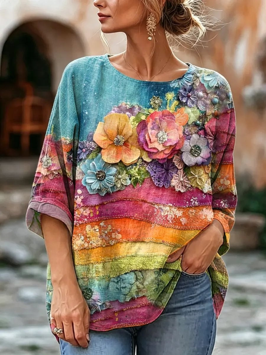 Women's Rainbow Floral Patchwork Print Linen Blend Blouse