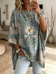 Ethnicity Bohemian Style Flowers Women's Art Print Fashionable Loose Casual Top