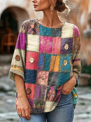Women's Patchwork Print Linen Blend Blouse