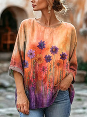 Women's Ombre Floral Watercolor Print Linen Blend Blouse