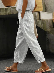 Women's High Waist Plaid Printed Linen-Look Loose Beach Pants, Retro Basic Style, Soft & Breathable for Casual Daily Wear in Spring & Summer