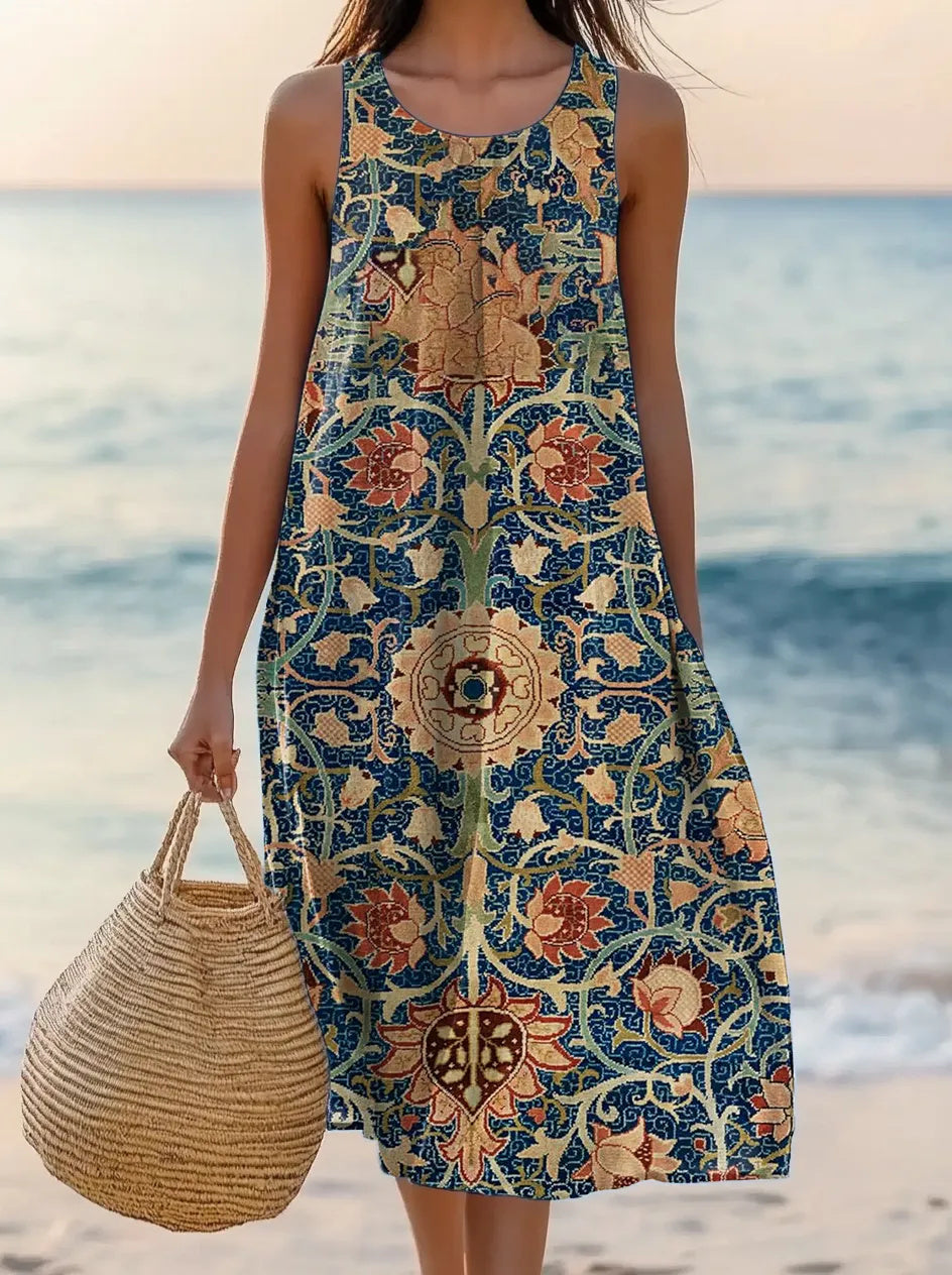 Women's Floral Art Print Sleeveless Cotton Pocket Dress