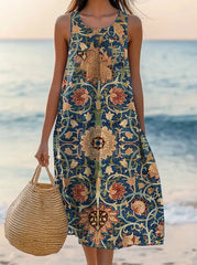 Women's Floral Art Print Sleeveless Cotton Pocket Dress