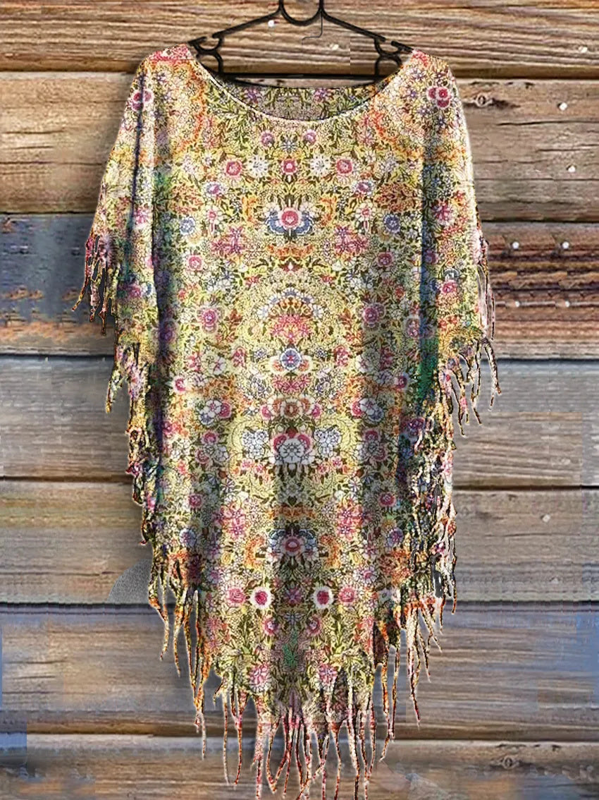 Women's Vintage Floral Art Print Batwing Tassel Fringed Poncho Dress
