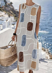 Women'S Round Neck Sleeveless Color-Block Printed Dress