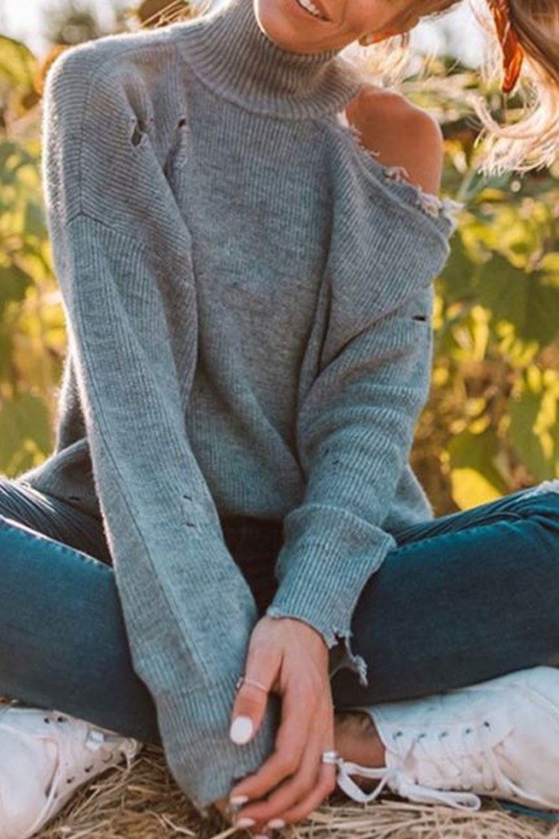 Plain Hollow Out High Neck Long Sleeves Sweater