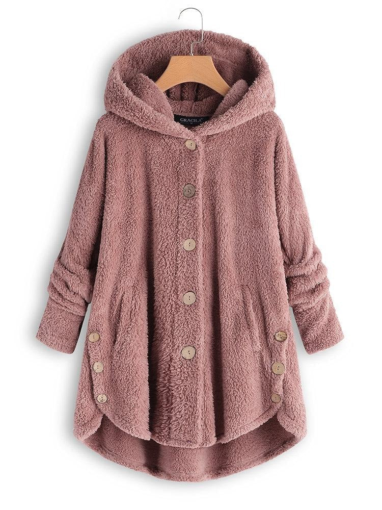Solid Color Buttons Hooded Long Sleeves Warm Coat