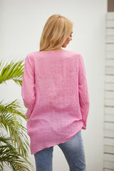 Fish-bone Print Crew Neck Long Sleeves Blouse