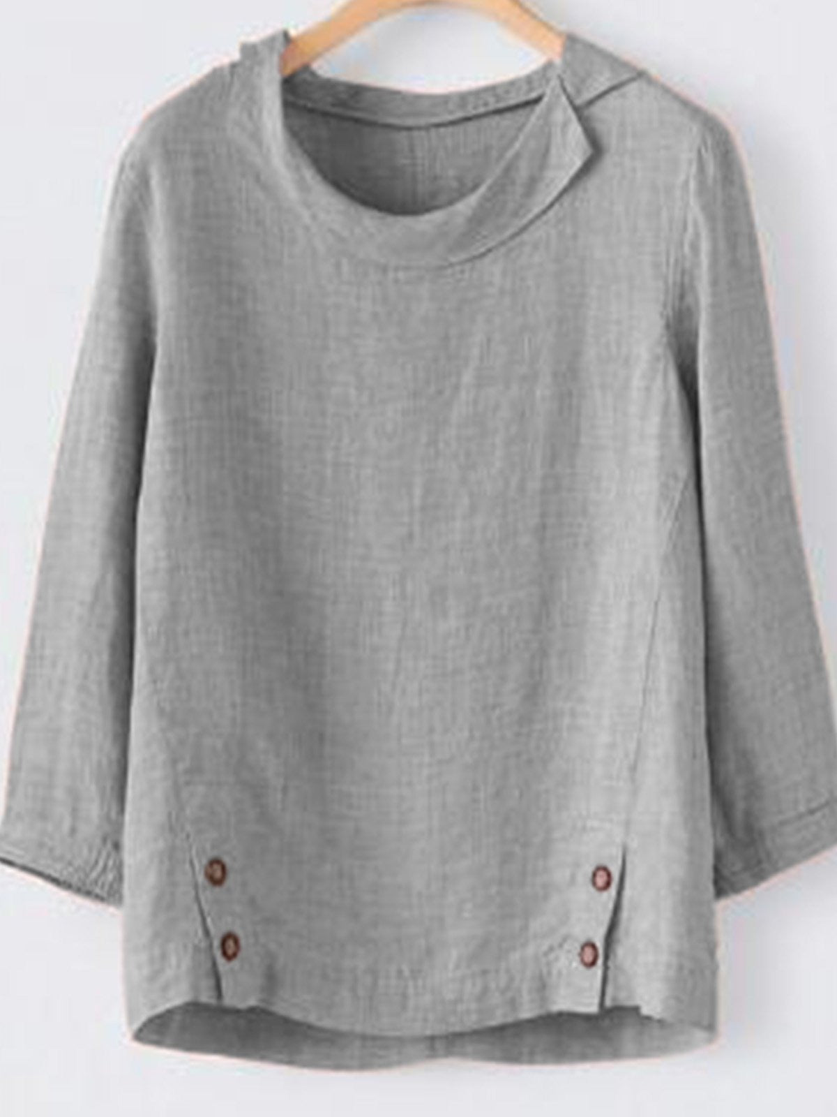 Plain Buttons Round Neck 3/4 Sleeves Blouse