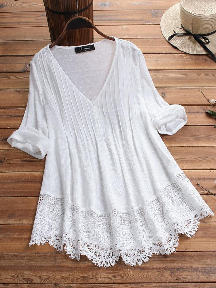 Solid Casual V-neck 3/4 Sleeves Plus Size Blouse