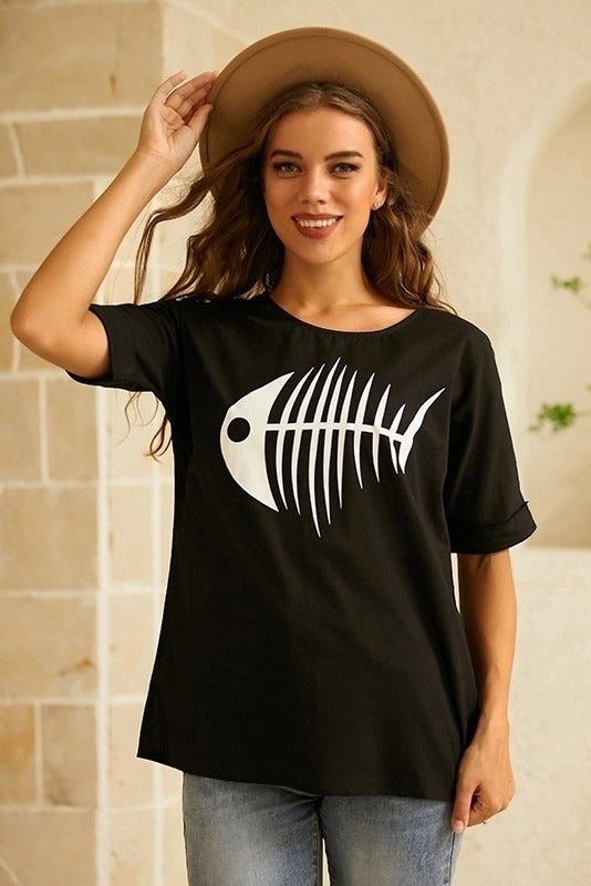 Fish Print O-neck Short Sleeves T-shirt