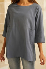 Solid Pockets Crew Neck 3/4 Sleeves Blouse