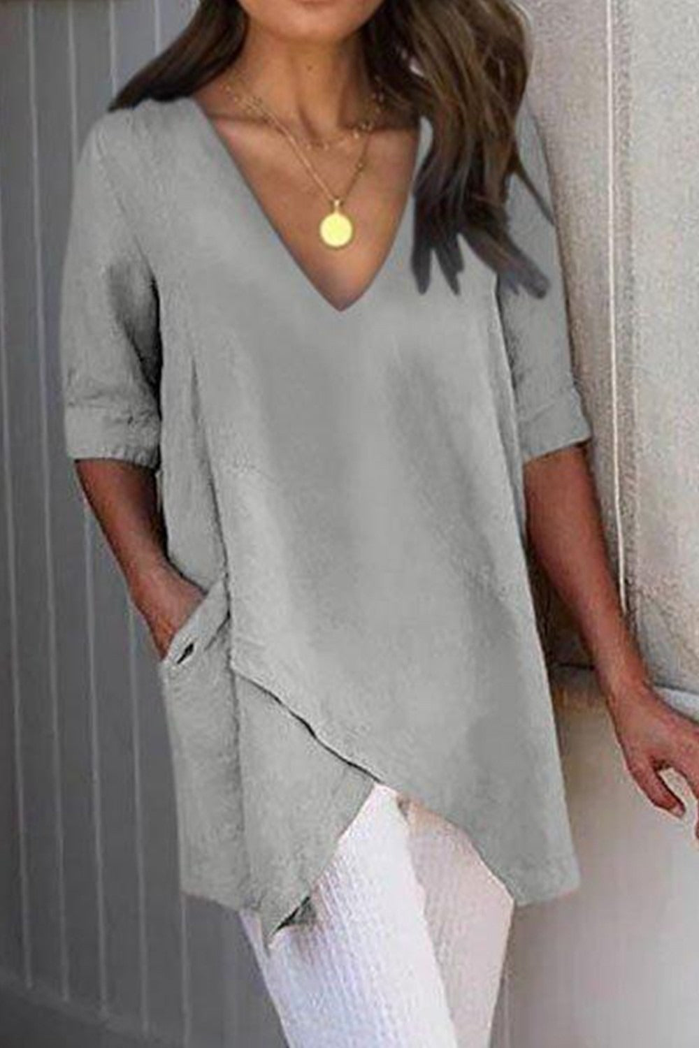 Solid Color with Pockets V-neck Short Sleeves Blouse