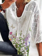 Daily White Floral V-neck 3/4 Length Sleeves Shirt