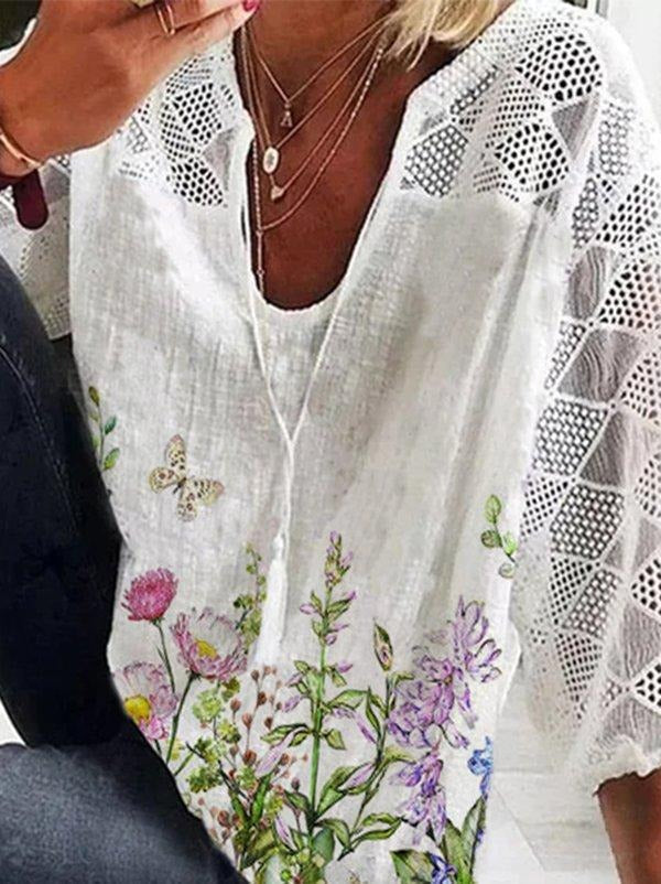 Daily White Floral V-neck 3/4 Length Sleeves Shirt