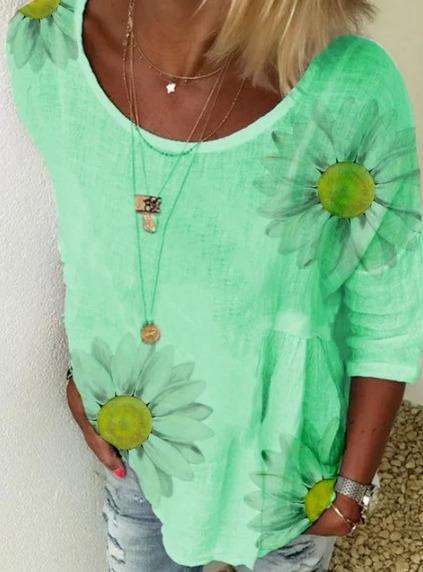 Floral Scoop Neck 3/4 Length Sleeves Shirt