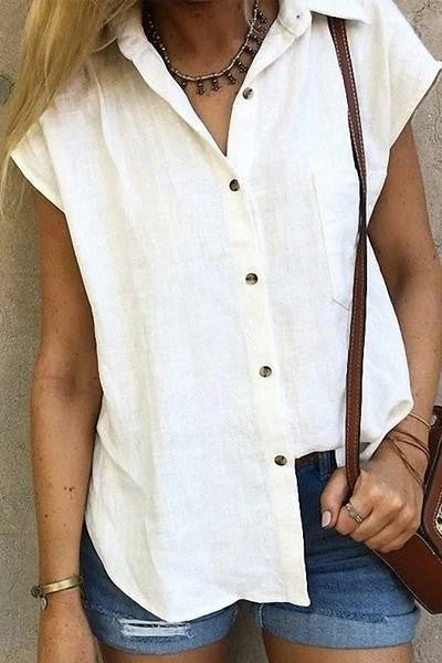 Solid Color Buttons Collared Short Sleeves Shirt
