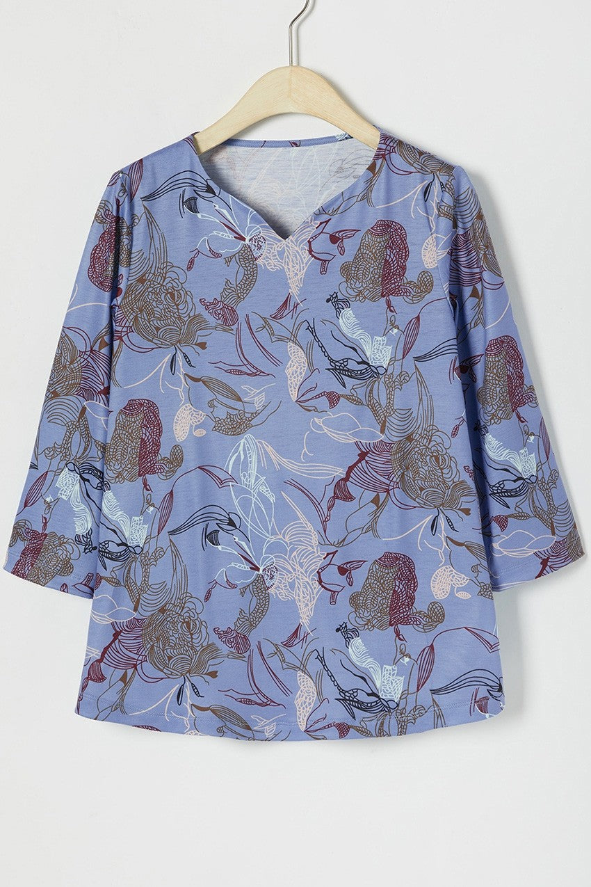 Graphic Print V-neck 3/4 Sleeves Blouse