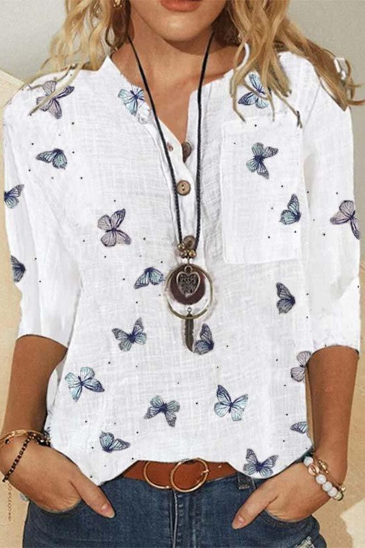 Butterfly Print Buttons 3/4 Sleeves Blouse
