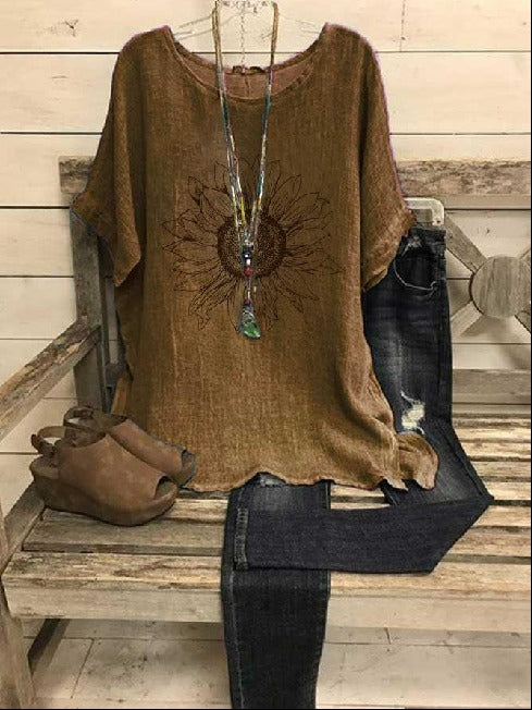 Floral Print Round Neck Short Sleeves Blouse