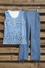 Butterfly Print Buttons Sleeveless Tank Tops