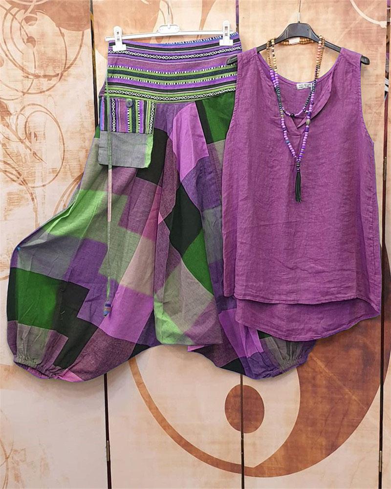 Color Block Casual Loose Sleeveless Two Piece Suit