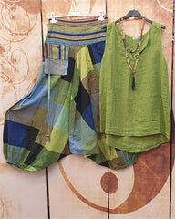 Color Block Casual Loose Sleeveless Two Piece Suit