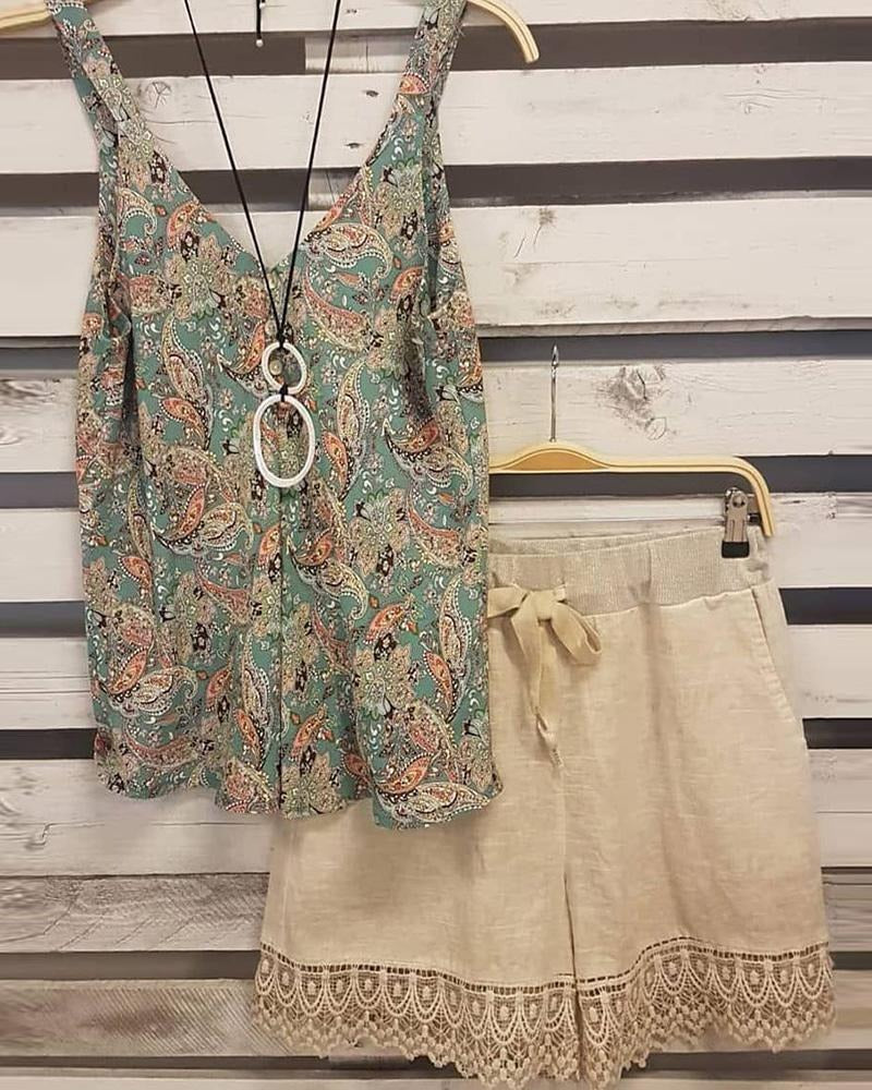 Floral Print V-neck Sleeveless Two Piece Suit