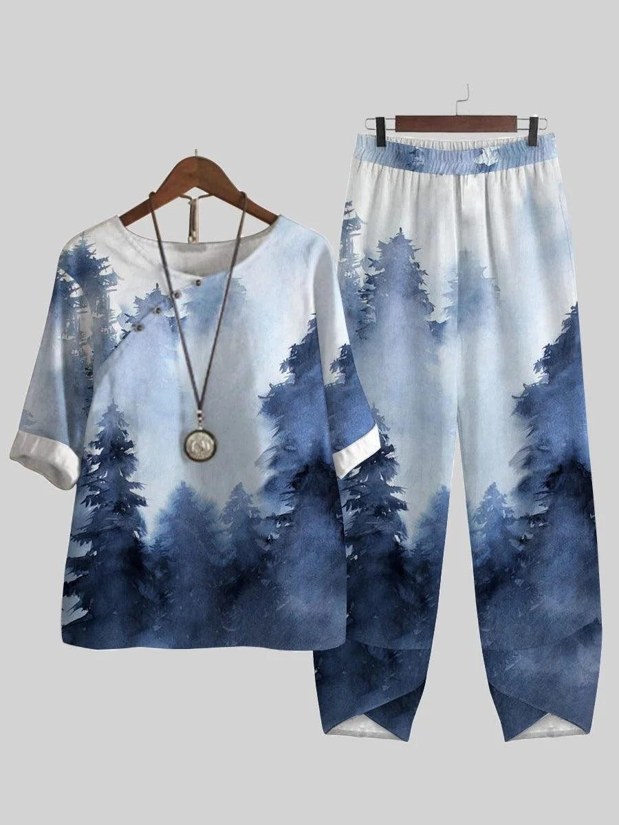 Ink Forest Print Casual Two-piece Suits
